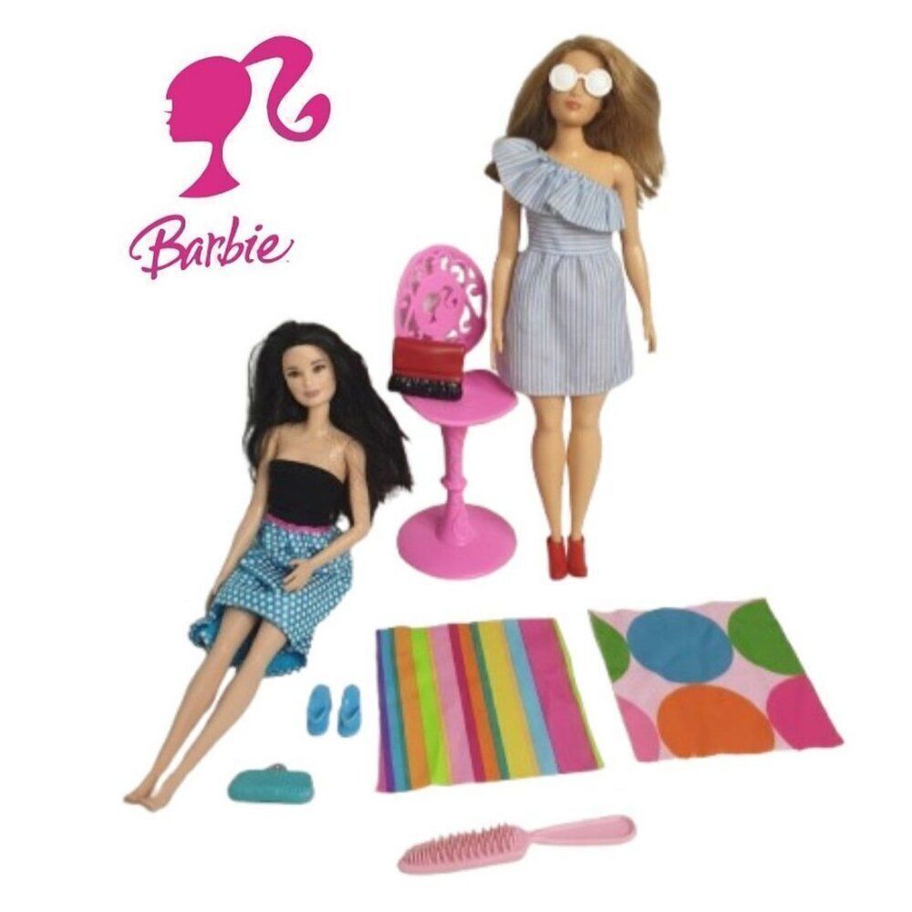 Barbie Fashionistas Dolls with Chair, Blankets, and Accessories Bundle